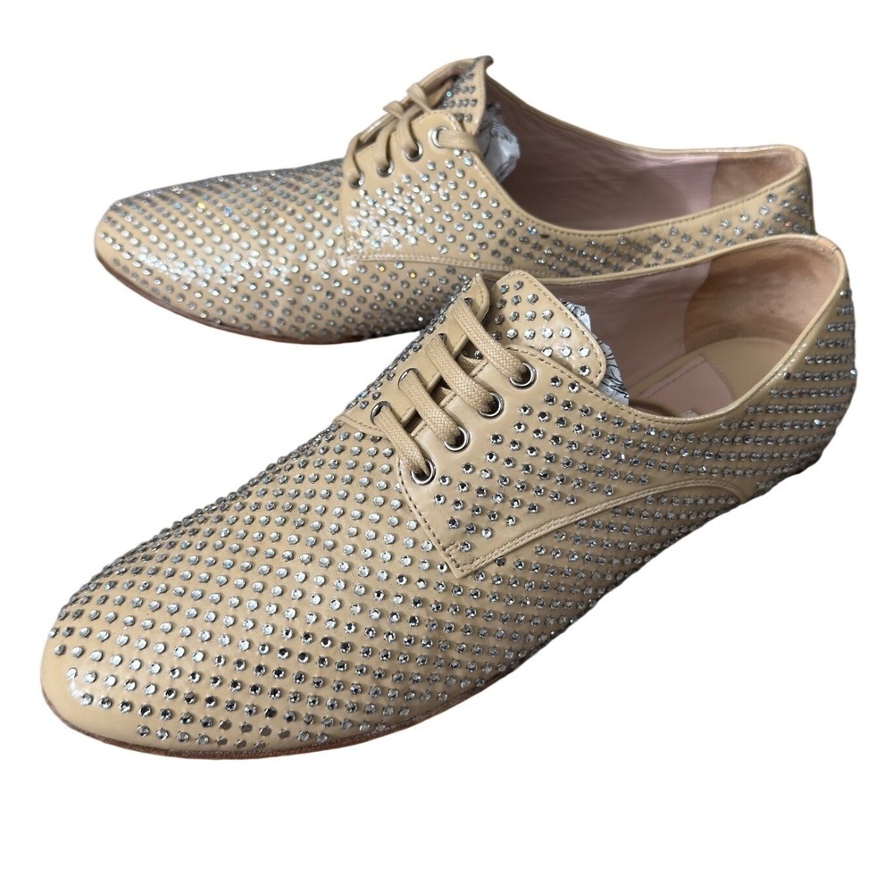 Miu Miu 800$ Crystal Embellished Leather Oxfords Beige Rhinestone Flats 39